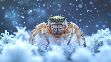 Wall Mural - Wintry scene of a spider atop its web, snowflakes delicately clinging to the strands, subtle lighting emphasizing the frosty beauty. 