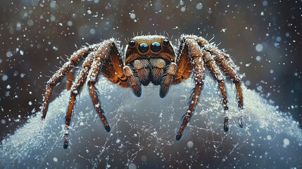Wall Mural - Wintry scene of a spider atop its web, snowflakes delicately clinging to the strands, subtle lighting emphasizing the frosty beauty.  