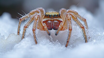 Wall Mural - Wintry web with a spider resting at its center, fine silk strands sparkling under snow, soft natural light enhancing the icy, serene beauty. 