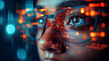 Close-up of a person looking at data, with glowing binary code overlaid on their face and glasses.  A focused gaze, illuminated by digital information