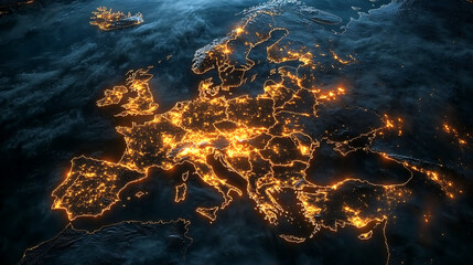 Wall Mural - Map of the Europe continent with glowing lights in yellow and orange, representing bustling city activity at night, with Earth's blue surface in background