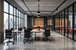 © VideoFlow - Contemporary office interior with open workspace, glass partitions, and city view, featuring modern design and stylish furniture in a corporate setting. Ai generative