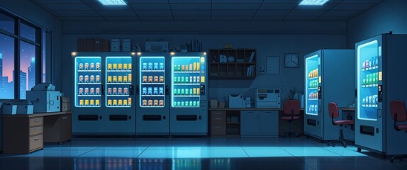 cartoon Office break room with vending machine lights glowing in the dark anime illustration art design