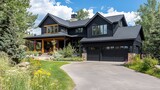 Contemporary farmhouse, black exterior with large garage, traditional front porch, surrounded by greenery, sunny Colorado day, clear and vibrant view.  
