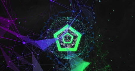 Wall Mural - green concentric hexagons on 3d structure in sphere with purplel shapes floating on black background