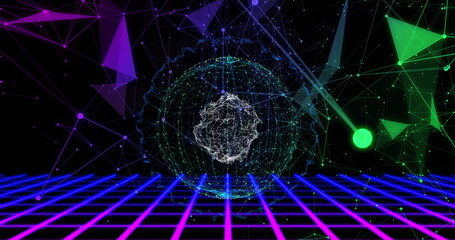 Wall Mural - 3d structure turning in sphere purple and green shapes floating with blue grid moving below