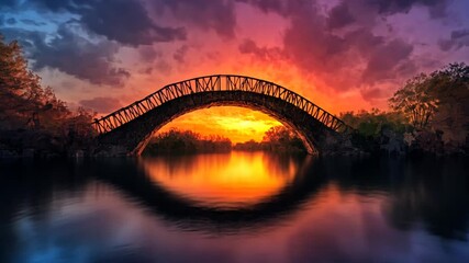 Wall Mural - Vibrant Sunset Over River Bridge