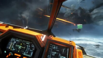 Wall Mural - dramatic space battle unfolds from the perspective of a spaceship cockpit, featuring explosions, ast