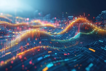 Poster - Abstract digital wave patterns represent data flow and technology innovation, showcasing vibrant colors and dynamic shapes.