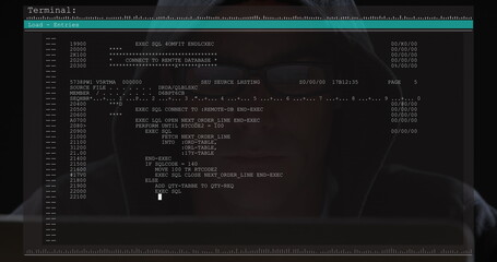 Image of data processing on computer screen over male hacker using computer