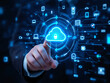 © VideoFlow - Hand touching cloud storage icon with security lock, futuristic digital interface, glowing blue tech elements on dark background, concept of global data service. Ai generative