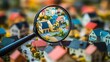 © THUA - A housing market concept with a magnifying glass zeroing in on a model house, positioned among a collection of small-scale residential buildings.