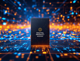 a digital product passport card stands on a glowing futuristic technology background with blue and o
