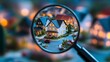 © THUA - A magnifying glass highlighting a small model home in a neighborhood of miniature buildings, representing housing market exploration for buying or renting.