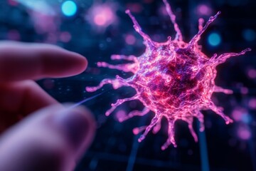 Fototapete - A hand points at a glowing holographic neuron network suspended in the air, featuring soft futuristic lighting and ample copy space on the left
