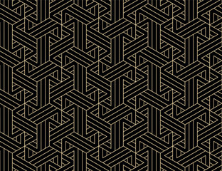 Fototapete - Abstract geometric pattern with stripes, lines. Seamless vector background. Golden and black ornament. Simple lattice graphic design
