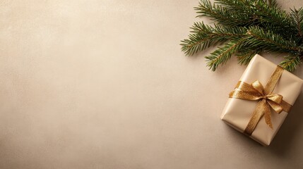 Aufkleber - A Christmas-themed flat lay showcases a pine branch, a wrapped gift with a gold ribbon, and ample space for text on a soft beige background