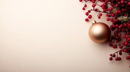 Leinwandbilder - Overhead view of a stylish Christmas decor arrangement showcasing a single gold ornament amidst vibrant red berries and fresh greenery on white