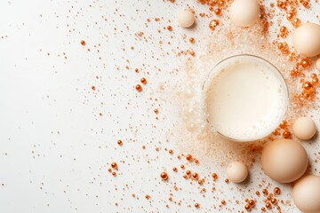 Poster - Mid-air splash of milk surrounded by droplets and decorative elements. Soft lighting enhances the clean look against a white backdrop, providing ample copy space