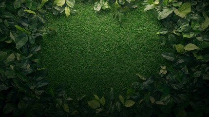 Aufkleber - A vibrant patch of artificial green grass surrounded by leafy foliage offers ample space for text or graphics, illuminated by soft diffused sunlight