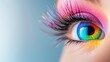 © MAY - Rainbow Eye Makeup Art Close up of an eye with rainbow colored eyeliner and mascara, bold and expressive, suitable for a Pride event or festival