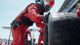 Pit Crew Wheel Change: A Formula 1 pit crew member changes a tire during a race, showcasing the precision, speed, and teamwork essential to motorsport excellence.