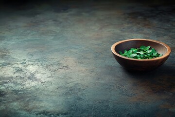 Aufkleber - A rustic wooden bowl brimming with vibrant mint leaves sits on a rough stone countertop, illuminated by gentle side lighting that enhances the green textures