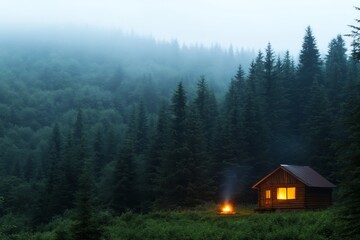 Poster - Wooden cabin surrounded by dense trees offers a warm glow from the windows, illuminated by a campfire as mist drapes over the distant mountains during twilight
