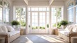 © THUA - Elegant Hamptons-style entrance with white French doors on a coastal veranda natural wood accents soft summer light cottage luxury.