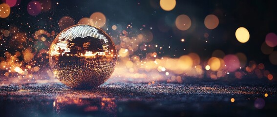 Wall Mural - shimmering disco ball reflecting light amidst colorful bokeh background during an evening celebratio