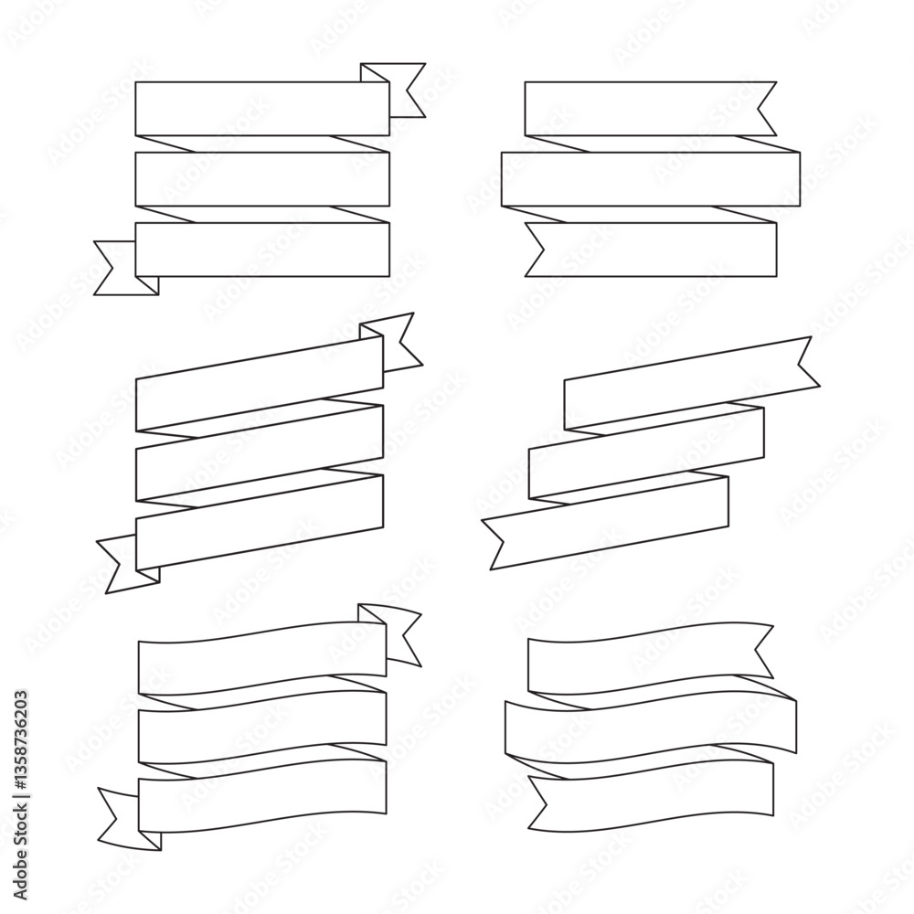 Set of Three Layered Black Outline Ribbon Banners and Labels - Flat Design Illustration	