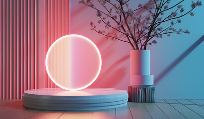 Wall Mural - 3d render, abstract background with a glowing white neon circle on a podium stand. minimal geometric