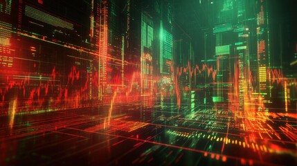 Wall Mural - Modern financial interface showing inflation trends in glowing red and green lines on a digital chart.