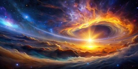 Wall Mural - A Celestial Tapestry Where Golden Nebulae Dance Above a Dreamlike Landscape of Mountains and Clouds at Sunrise