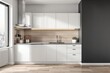 © VideoFlow - Contemporary kitchen interior with white cabinets, wood accents, and a large window showing a city view. Modern minimalist design with warm lighting. Ai generative