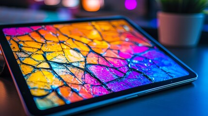 Wall Mural - a vibrant digital display shines with cracked glass effects. the bright colors evoke emotion and cre