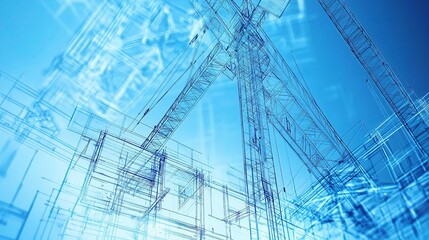 Detailed Blueprint Design Overlaid With Cranes and Structure Elements