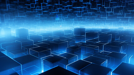 Leinwandbilder - In a dark blue virtual space, numerous blue and white elements create a high-tech wallpaper.

