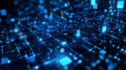 Abstract digital network data flow, glowing blue grid and squares