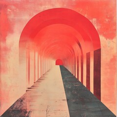 Poster - A Red Tunnel Vision: Perspective View of a Corridor with Arches, Shadowed Floor Leading to Distant Light.