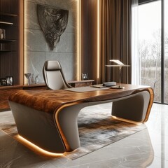 Poster - Elegant Executive Office with Modern Desk, Luxurious Furnishings, and Expansive Window Views.