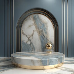 Aufkleber - Elegant Marble Display Podium with Gold Accents and Arched Backdrop in a Minimalist Style