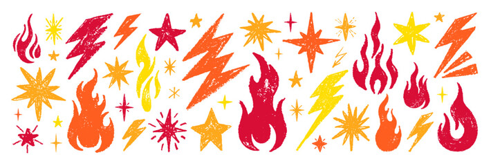 fire, thunder, star doodle icon. flame, lightning bolt, star crayon pencil simple scribble set. hand