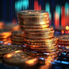 Aufkleber - Golden Coins and Digital Finance: A Stack of Coins Reflecting Financial Data Charts and Market Trends