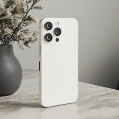 Aufkleber - Modern White Smartphone on a Marble Table with Dried Flowers, a Minimalist Aesthetic Product Shot for Online Showcase.
