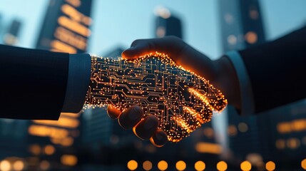 Handshake over cityscapes showing trust and digital connection concept. A futuristic handshake symbolizing human-robot collaboration.