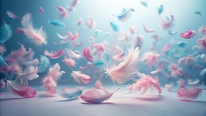 Wall Mural - A Serene Ballet of Delicate Pink and Blue Feathers Floating Gracefully in a Gentle Breeze