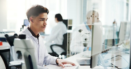 Aufkleber - Man, scientist and typing on computer in lab of medical research, experiment and information. Person, microscope or online of healthcare report, biotech and investigation feedback of vaccine solution