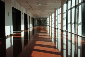 empty corridor with light streaming through windows onto the reflective floor tiles