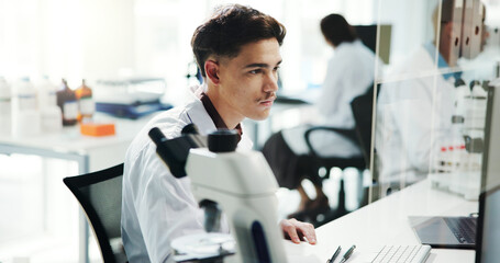 Aufkleber - Man, scientist and check on computer in lab of medical research, experiment and information. Person, microscope and online of healthcare report, biotech and investigation feedback of vaccine solution